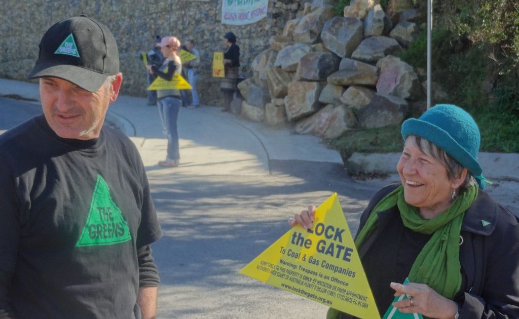 Dominic King and Carol Vernon protest Coal Seam Gas mining in the region at Bellingen's Lavender Bridge during the NAB Cycle Challenge. Dominic King and Carol Vernon protest Coal Seam Gas mining in the region at Bellingen's Lavender Bridge during the NAB Cycle Challenge.